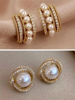 Tiso Combo of 2 Korean Earrings Pearl Earrings For Girls C-Shaped Earrings for Women Cubic Zirconia, Pearl Alloy, Brass Cuff Earring, Earring Set, Huggie Earring, Rhinestone Studs, Stud Earring