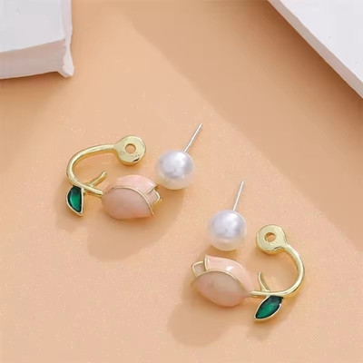 Karishma Kreations Karishma Kreations New Pink Flower Tulip Stud Earrings With Two Pearls Pearl Alloy Stud Earring