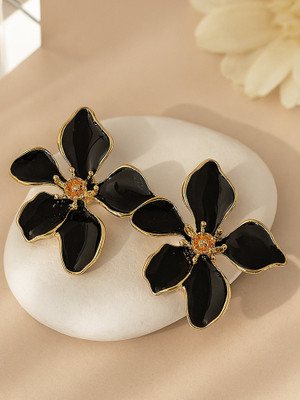 Bohey by KARATCART Bold Black Enamel Floral Stud Earrings with Gold Detailing for Women Alloy Stud Earring