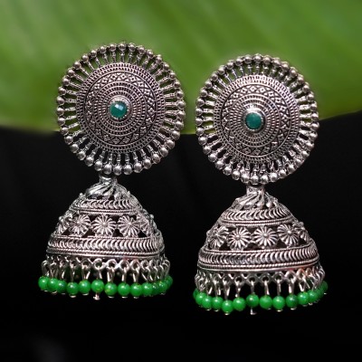 Zoey German Silver Green Dome Shaped Jhumki Earrings For Girls and Women Brass Jhumki Earring, Earring Set, Clip-on Earring