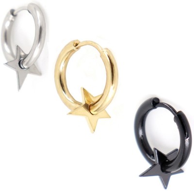 Stylish Colony Round Shape Earring Star Black, Silver&Yellow Hoop Earring For Girls &Women 3pcs Stainless Steel Earring Set