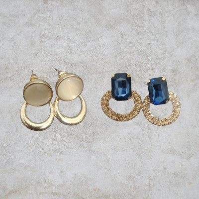 eloria Elegant Gold Hoop Earrings Set with Beige Stone & Sapphire Blue Crystal Chalcedony, Crystal Alloy Stud Earring