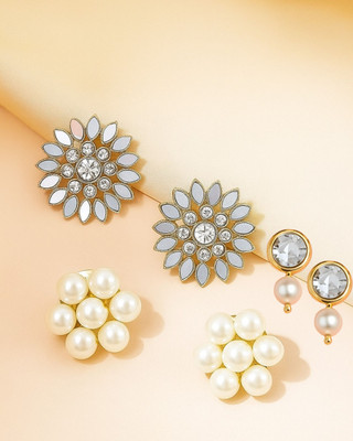 MANSIYAORANGE Combo Of Three Daily-Party Wear Gold-Plated Kundan & Pearl Stone Stud Earrings Pearl, White Zircon Brass Stud Earring