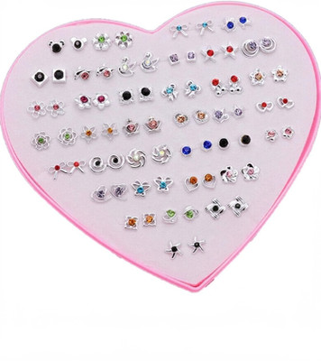 DIVINE Combo/Pack/Set of 36 Pair of Silver Multi Colored Mixed design Stud Colorful Mix Design Earring Stud Set with Heart Box for Baby Girls, Women and Girls. (1 Box) Alloy Stud Earring DIVINE Combo/Pack/Set of 36 Pair of Silver Multi Colored Mixed design Stud Colorful Mix Design Earring Stud Set with Heart Box for Baby Girls, Women and Girls. (1 Box) Alloy Stud Earring