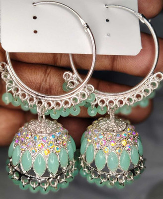 Aarti Jewels Mint Green Stone Hoop Jhumka Earrings Beads Alloy Jhumki Earring