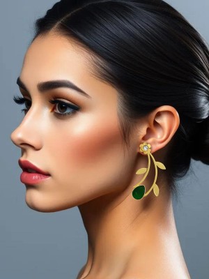 alysa Alysa Green Stone Matte Gold Light Weight Brass Drops & Danglers