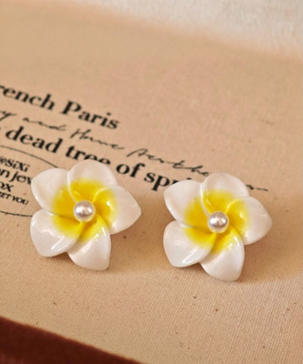 AKISON JEWELS White Yellow Pearl Flower Earrings Floral Earrings For Women Korean Earrings Pearl Alloy Earring Set, Stud Earring