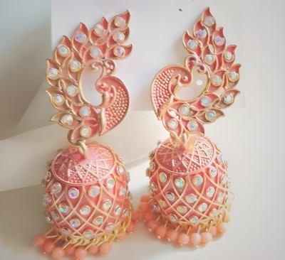 Preziosa Pink Kunden Jhumka Earrings with Peacock Design. Cubic Zirconia Alloy Jhumki Earring