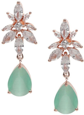 House of Pataudi Green Rose Gold-Plated Handcrafted Teardrop Shaped Drop Earrings Brass Drops & Danglers