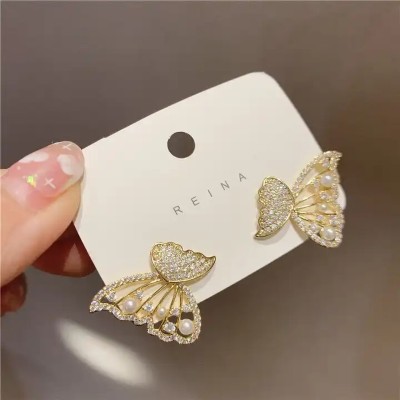 VAGHBHATT Korean Gold Rhinestones Wing Stud Earrings Alloy Stud Earring