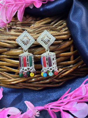 SHYAMZAN Boho Silver-Plated Multicolor Dangle Earrings with Beaded Drops Beads Alloy Jhumki Earring