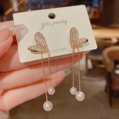 RV YUWON Korean gold plated stylish lightweight zircon Heart pearl earrings Cubic Zirconia Alloy Drops & Danglers