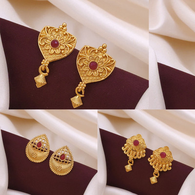 pearl jewellery Pack of 3 Pair Traditional Gold Pleted Earring Collection Brass Earring Brass Earring Set, Stud Earring, Jhumki Earring