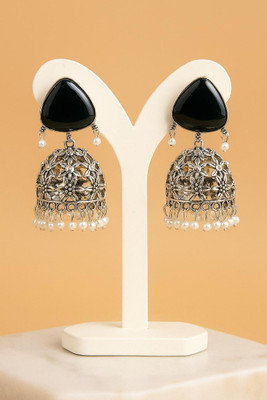 alwar Black Stone Floral Jhumka Earrings Black Diamond Alloy Jhumki Earring