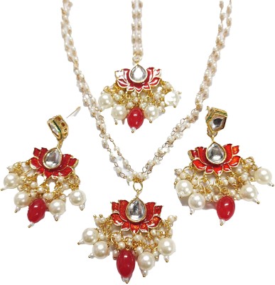 24 FASHION RED COLOR LOTUS SHAPE COMBO SET OF EARRING MAANGTIKA AND NECKLACE MEENAKARI Brass Jhumki Earring