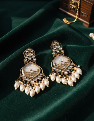 YAVI ShubhLabh Jewels Gold-Plated Chandbali Pearl Drop Earrings with Kundan & AD Work Pearl, Beads Alloy Jhumki Earring
