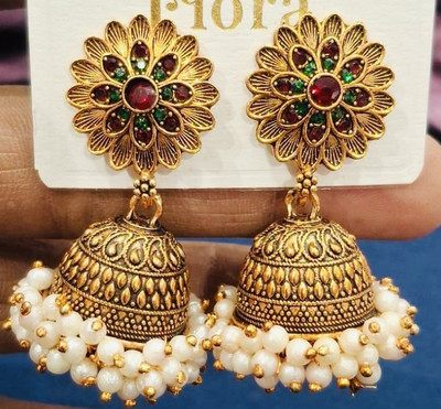 SAKETHAM Blue Bells on Gold Alloy Jhumki Earring