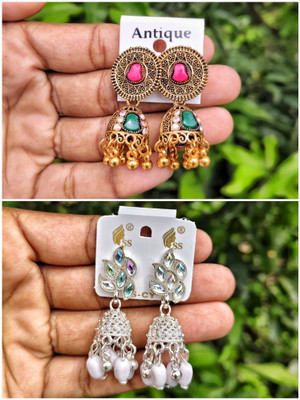 Friendia Enterprise Antique Gold & Silver Oxidized Earrings Pack 2 Beads Alloy Jhumki Earring