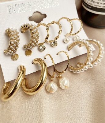 Vembley Combo Of 9 Pair Gold Plated Pearl Hoop, Drop and Studs Earrings] Alloy Hoop Earring