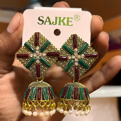 Jewelica Elegant Antique Green & Maroon Jhumka Earrings for Women & Girls Pearl Copper Jhumki Earring