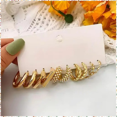 Zaphariq Combo of 5 Pair Geometric Twisted Chain Pearl Hoop Earrings For Women And Girls Pearl Alloy Hoop Earring