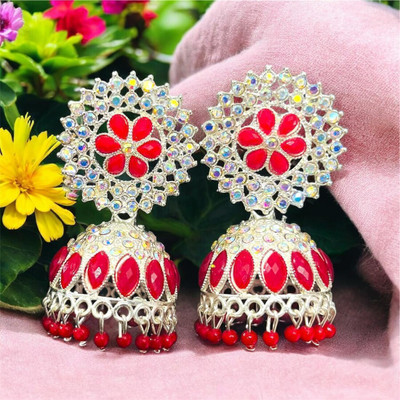 Vigilantee Jewels Traditional Wedding Pearl Silver Plated Red Big Oxidize Jhumka Jhumki Alloy Earring Set