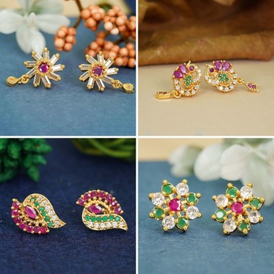 Dency Stylish Heavy Material Earring Studs 22K Gold Plated Set of 14 Crystal, Diamond Brass Stud Earring