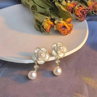 MAHADEV CREATION White Camellia Pearl Flower Earrings Crystal Alloy Stud Earring
