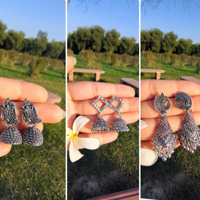 BLACKRUFF Oxidised Silver Earrings Combo | Set Of 3 | Ethnic Trendy Partywear Earrings Set Metal Stud Earring, Jhumki Earring, Chandbali Earring, Earring Set