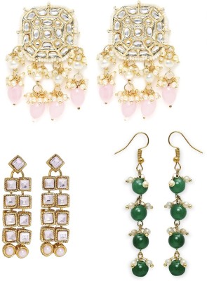 fabula Combo of 3 Kundan & Beads Ethnic Drop Earrings - Pink, Green & Gold - Beads, Crystal Alloy Drops & Danglers