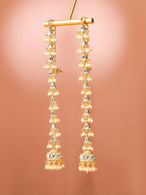 RUBANS 18K Gold-Plated White Kundan & Glossy Pearl Beaded Long Jhumka Extension Brass Jhumki Earring