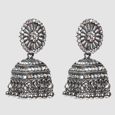 Nanames FLORAL SILVER PLATED OXIDISED BEAUTIFUL JHUMKA EARRINGS WITH DIAMOND German Silver Jhumki Earring