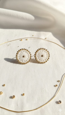 Rachna Handmade Work Handmade White Crochet Stud Earrings with Golden Stone Border for Women & Girls Alloy Stud Earring