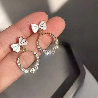 sk beauty Korean bow Earrings Cute Rhinestone Stud Earrings For Women Cubic Zirconia Alloy Drops & Danglers