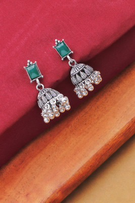 BUMBERELL Oxidised Green Stone Dome Shaped Jhumka Earrings for Women and Girls Ruby Alloy Jhumki Earring