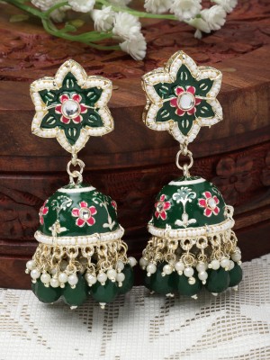 ZENEME Green & White Kundan-Pearls studded Star Shaped Enamelled Jhumka Earrings Pearl Metal Jhumki Earring