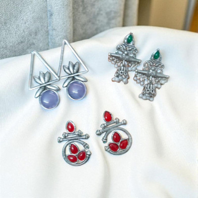 DANGAR ENTERPRISE Silver Oxidised Ethnic Stone for Women Alloy Stud Earring