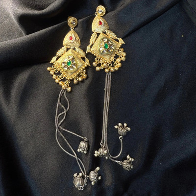 Banarashe Kashmiri Antique Long Dual-Tone Pearl Brass Jhumki Earring