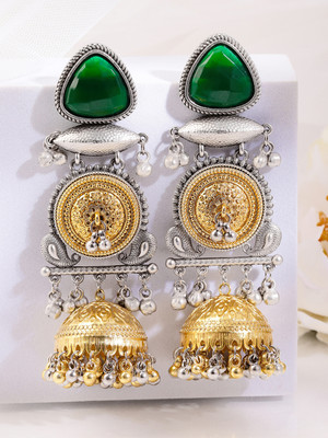 RUBANS Silver&Gold Dual-Plated Oxidised Long Emerald Stone Gold & Silver Beads Jhumka Brass Jhumki Earring