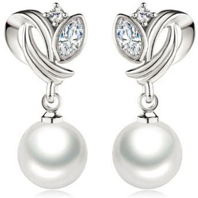 Nilu's Collection Double Fair Drop/Dangle Earrings Fashion Cubic Zirconia Silver Color Simulated Pearl Beads Jewelry For Women Cubic Zirconia, Crystal Copper Stud Earring