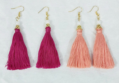 designearrings (2 pair)Handmade Tassel Earrings with Pearl and Gold Detailing –megenta & peach Cotton Dori Tassel Earring