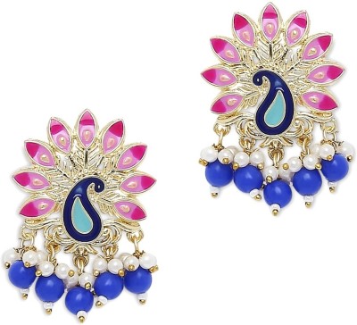 fabula Pink & Blue Meenakari Kundan & Beads Peacock Design Ethnic Drop Beads, Crystal Alloy Drops & Danglers