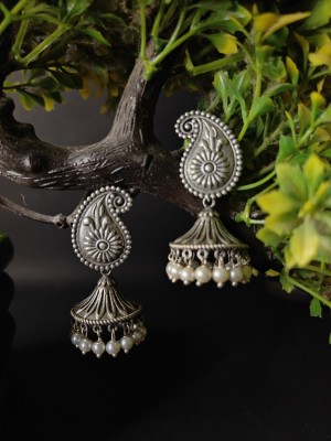 Zorkh Jewellery Women's Silver Oxidised Earrings Pearl Brass Jhumki Earring, Drops & Danglers