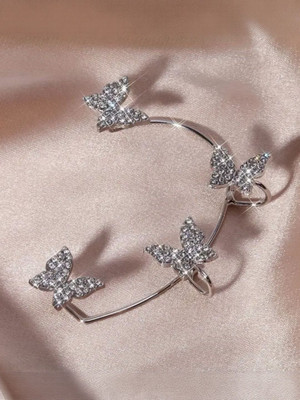 Dressberry Korean Silver Studded Butterfly Ear Climber Ear Cuff For Women/Girls Cubic Zirconia Alloy Cuff Earring