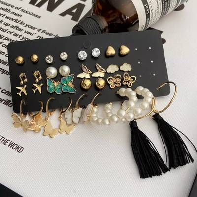 Salty Set of 17 Bohemian Long Tassel Drop Statement Earrings and Studs Alloy Earring Set