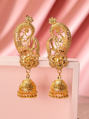 RUBANS 18K Gold-Plated Peacock Design Full Ear-Coverage Filigree Jhumka Earrings Brass Jhumki Earring