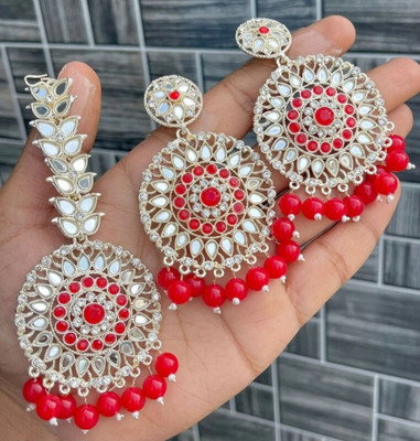 jalaram mirror crystal earrings and mangtikka Alloy Chandbali Earring, Clip-on Earring