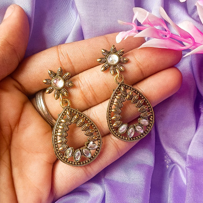 kaamil Adaa Brass Antique Traditional Jhumka Earrings with Pearl & Stone for Women Brass Jhumki Earring