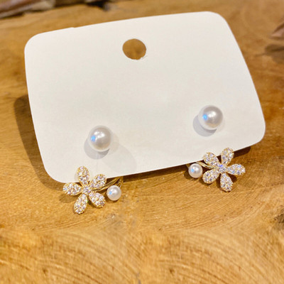 Vembley Korean Style Pearl Stone Decor Flower Stud Earrings Metal Stud Earring