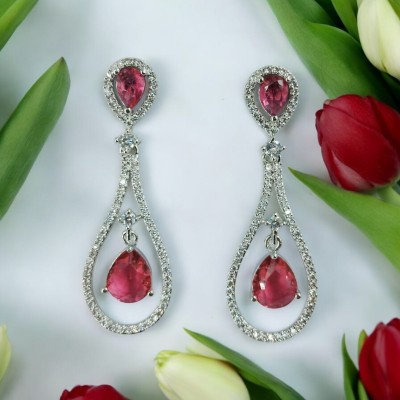 Ora Jewels Charming Red Party Wear Rhodium Plated Oval Shaped Ad Earring Cubic Zirconia Brass Stud Earring, Drops & Danglers